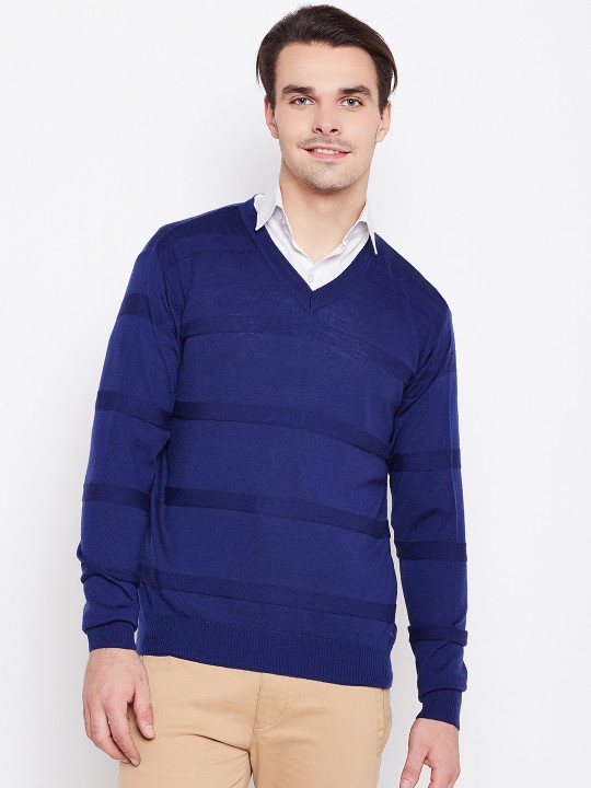 Men Blue Self-Striped Sweater S