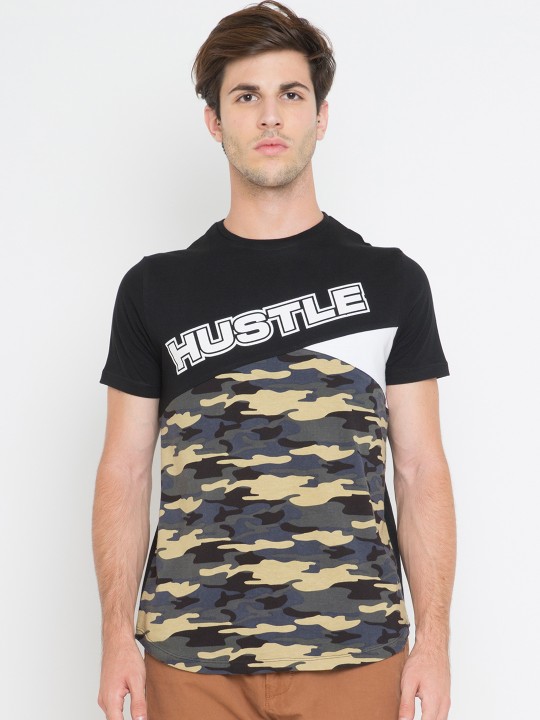 Men Green Camouflage Print Round Neck T-shirt XS