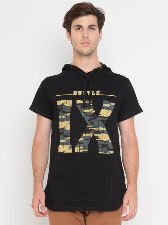 Men Black Printed Hood T-shirt XS