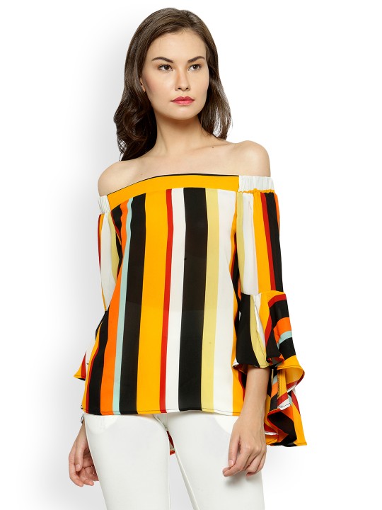 Women Multicoloured Striped Bardot Top XS