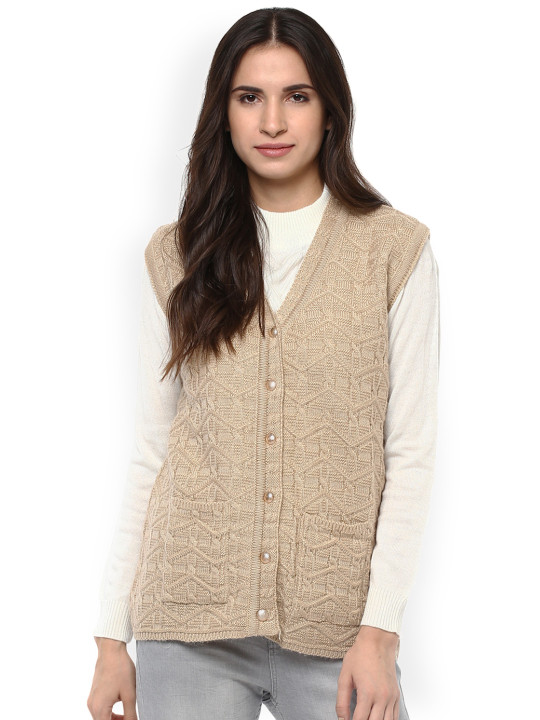 Women Beige Self-Design Sweater Vest 