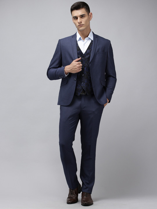 Van Heusen Checked Notched Lapel Single-Breasted Skinny Fit 3-Piece Formal Suit