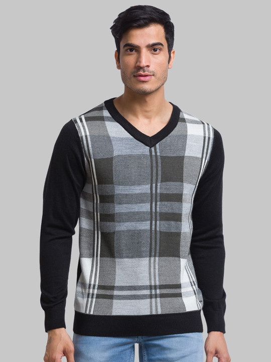 Parx Men V-Neck Checked Acrylic Pullover