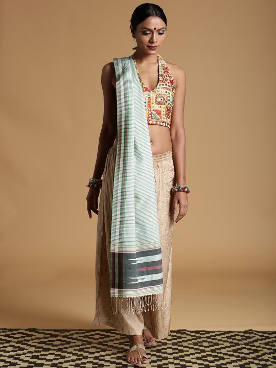 Green & Black Striped ILKAL Handloom Cotton Stole