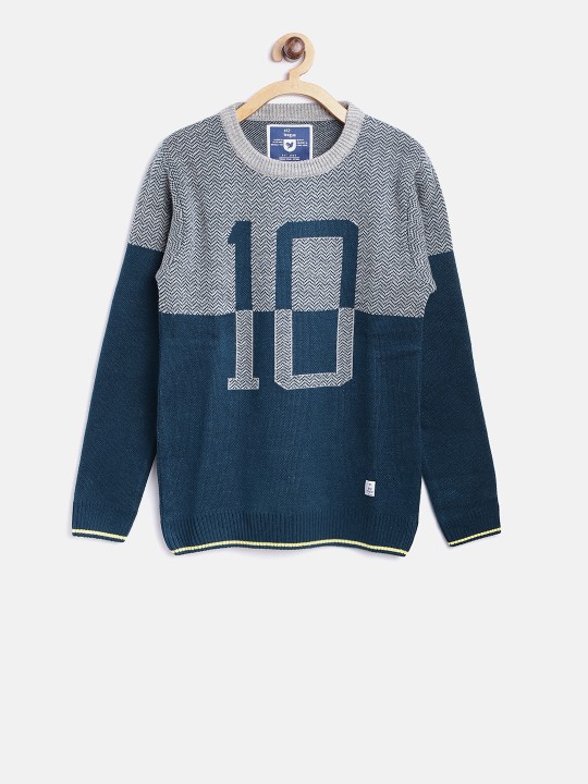 Boys Teal Blue & Grey Self-Design Sweater 9-10Y