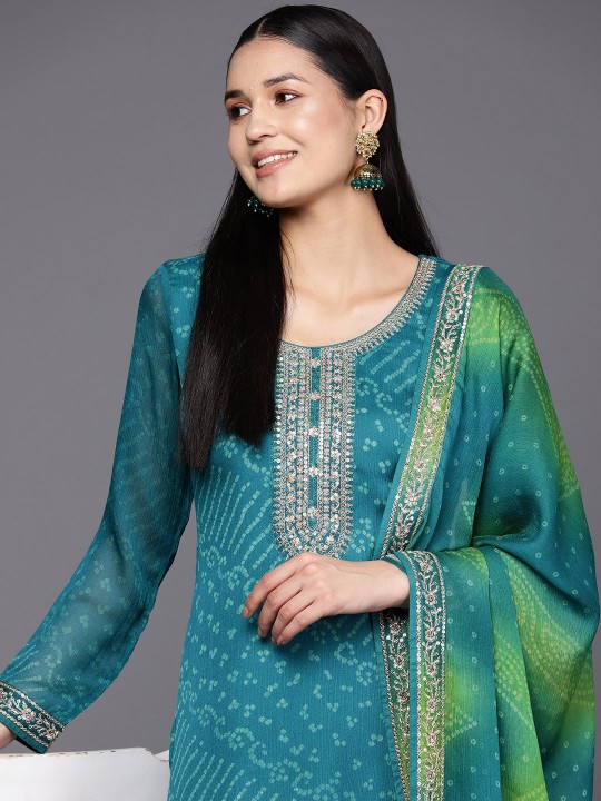 Women Turquoise Blue Bandhani Printed Kurta with Trousers & With Dupatta Women Turquoise Blue Bandhani Printed Kurta with Trousers & With Dupatta