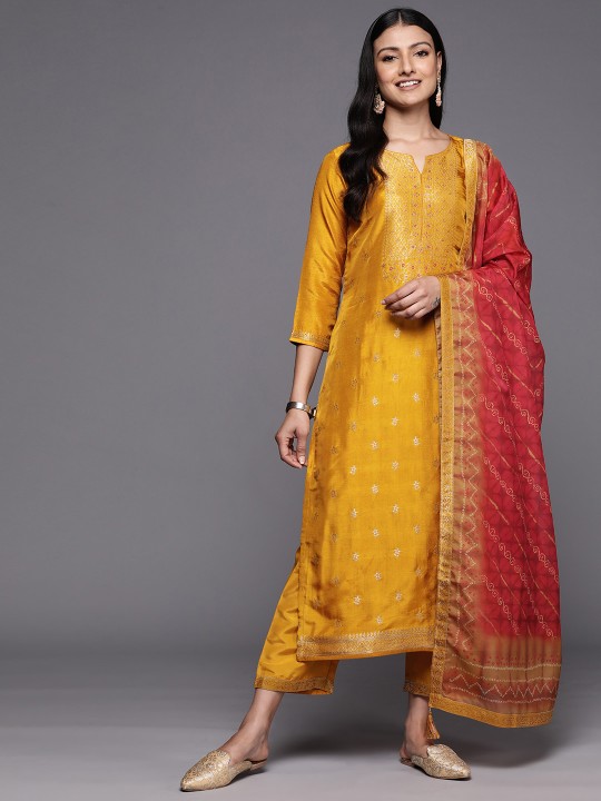 Floral Embroidered Kurta with Trousers & With Dupatta deal from myntra
