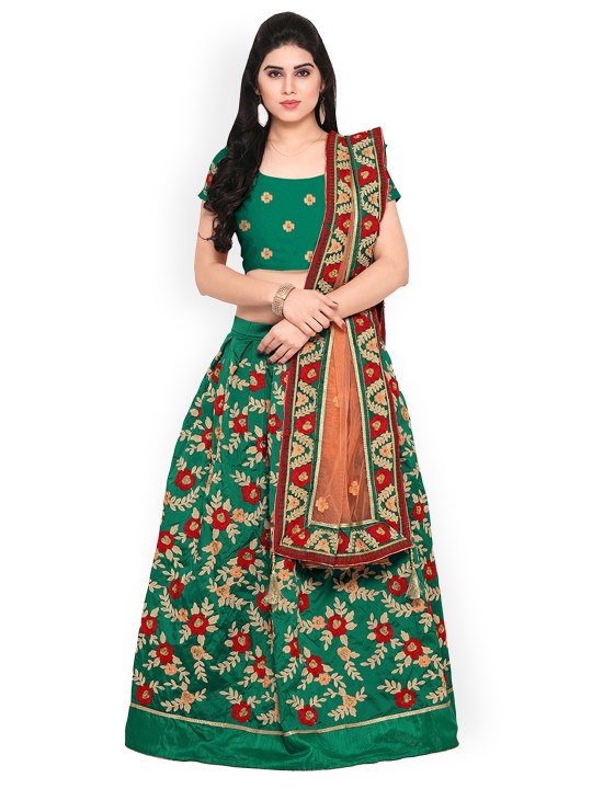 Green & Orange Taffeta Silk Embroidered Lehenga Choli