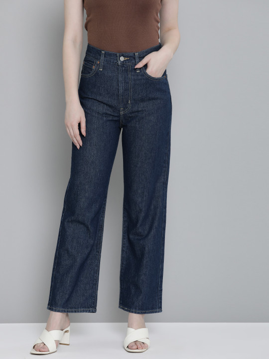 Levis Women's Navy Blue Ribcage Straight Ankle Fit Mid Rise Jeans