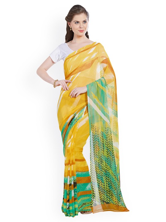 Yellow & Green Pure Georgette Printed Saree