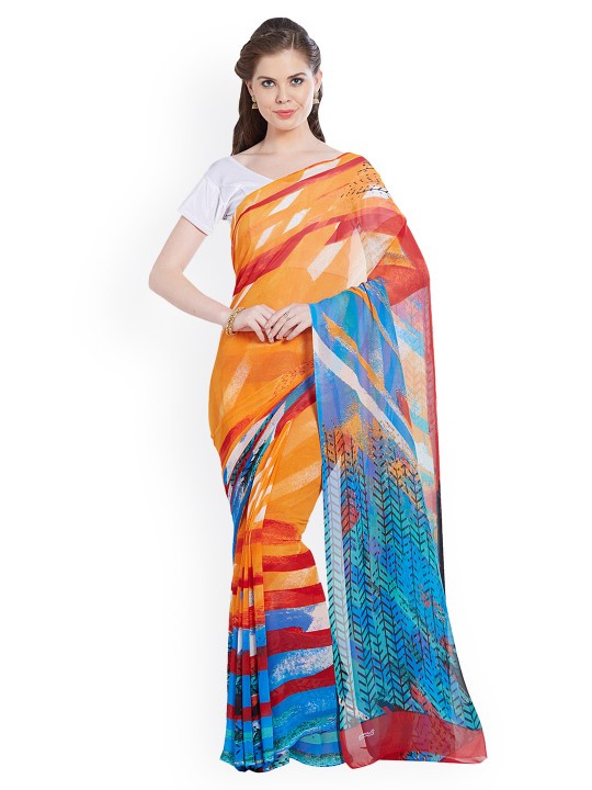 Orange & Blue Pure Georgette Printed Saree
