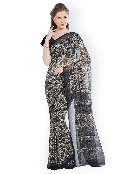 Black & Off-White Pure Georgette Printed Saree