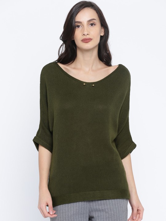 Women Olive Green Solid Pullover Sweater XS