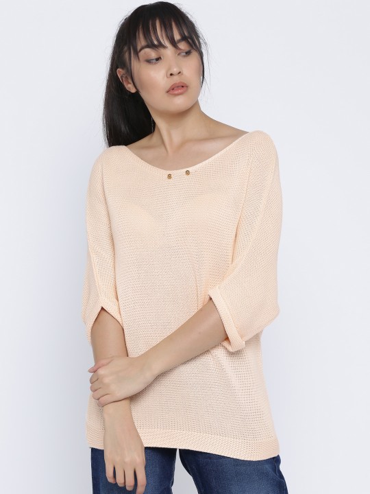 Women Peach-Coloured Solid Pullover Sweater XS