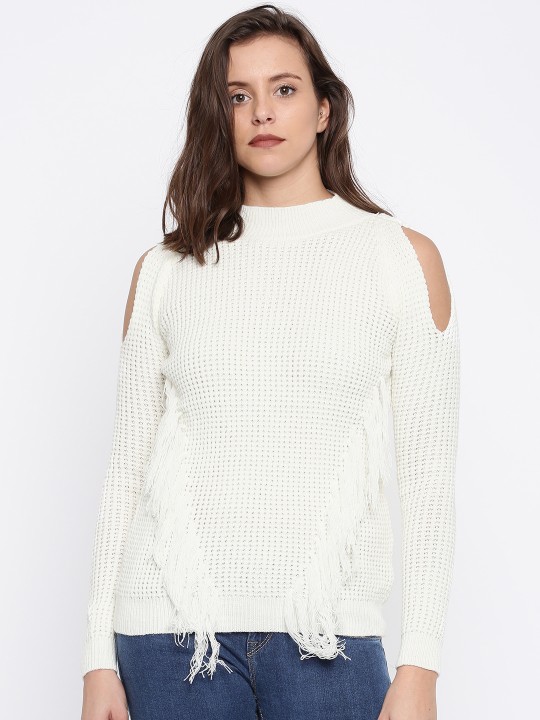 Women White Solid Sweater S