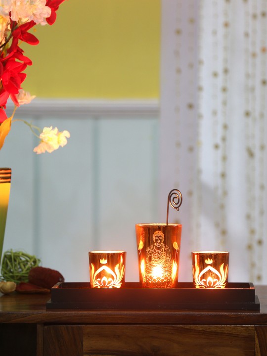 Set Of 3 Orange Divine Candle Holders With Tray