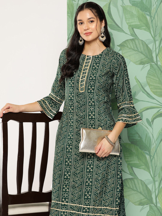 Gerua By Libas Bandhani Printed Bell Sleeves Gotta Patti Kurta