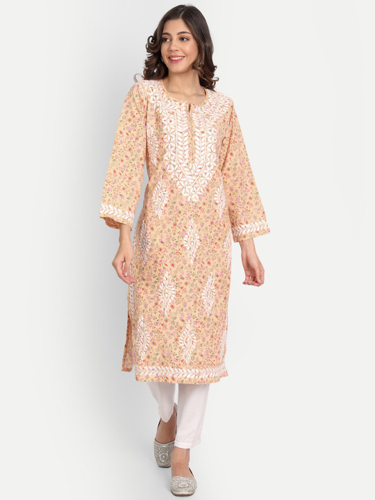 Indiankala4u Notched Neck Floral Printed Thread Work Pure Cotton Chikanakri Kurta