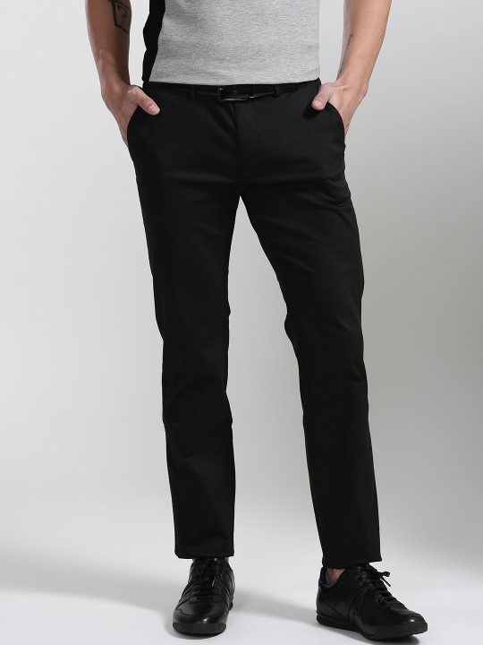 Men Black Slim Fit Solid Regular Trousers 28