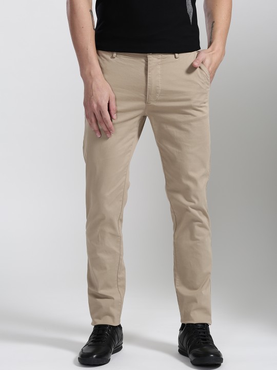 Men Beige Slim Fit Solid Regular Trousers 28