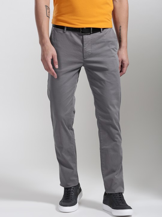 Men Grey Slim Fit Solid Regular Trousers 28