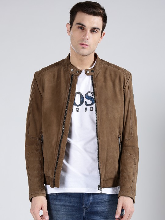 Men Brown Jondrix Solid Sheepskin Leather Jacket S