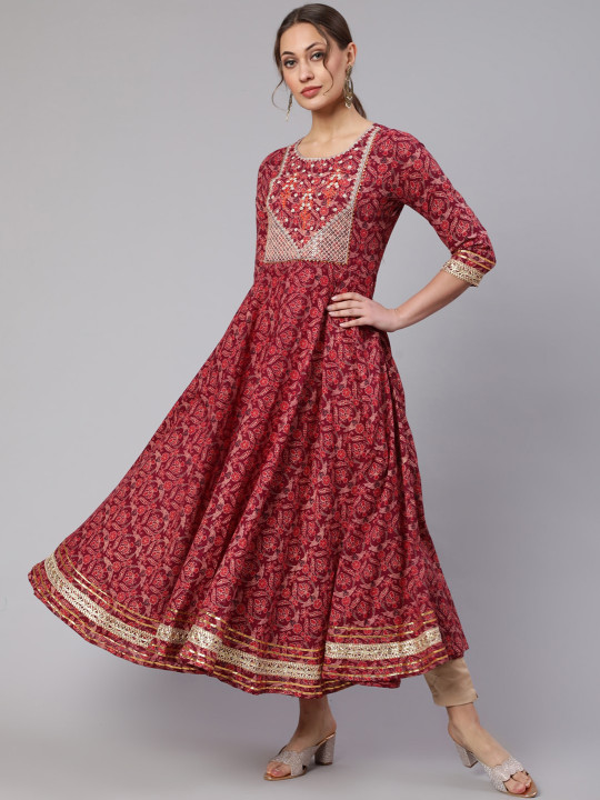GLAM ROOTS Ethnic Motifs Printed Thread Work Anarkali Cotton Kurta