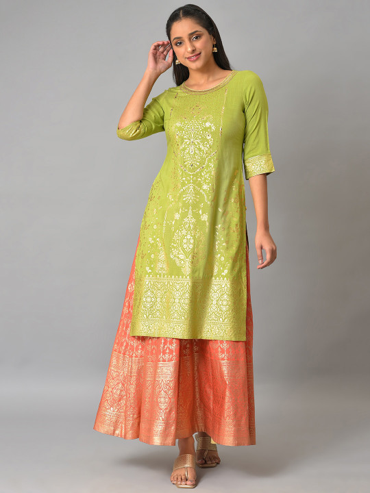 AURELIA Ethnic Motifs Foil Printed Beads & Stones Straight Kurta
