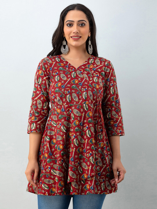 FERANOID Ethnic Motifs Printed V-Neck Pure Cotton Angrakha Kurti