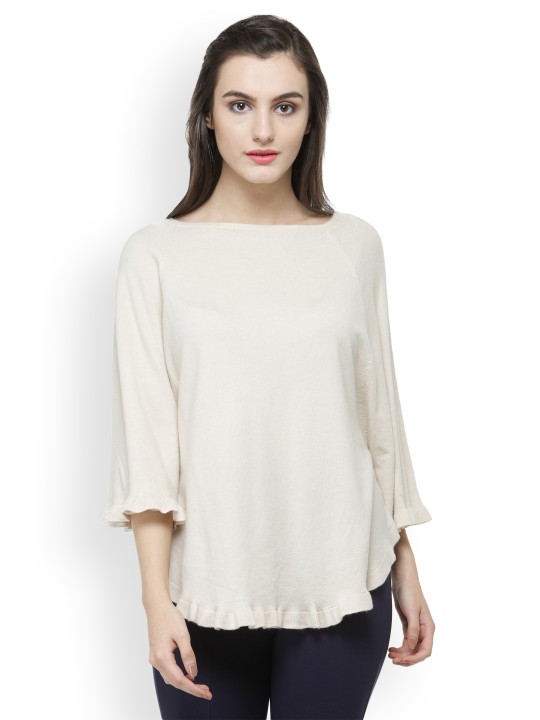 Women White Solid Poncho