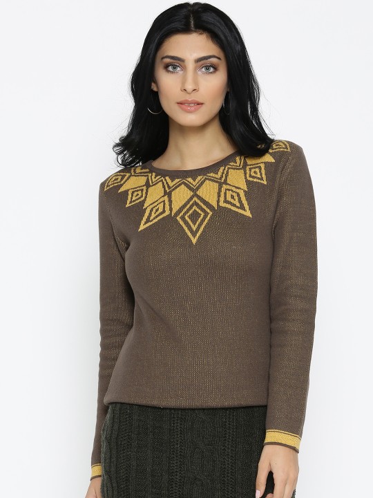 Women Brown Self-Design Sweater