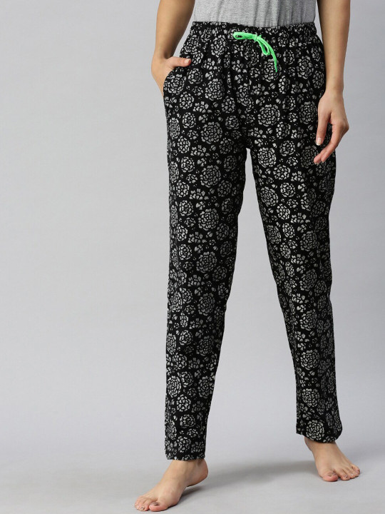 Kryptic Women Printed Cotton Mid-Rise Straight Relaxed Fit Lounge Pants