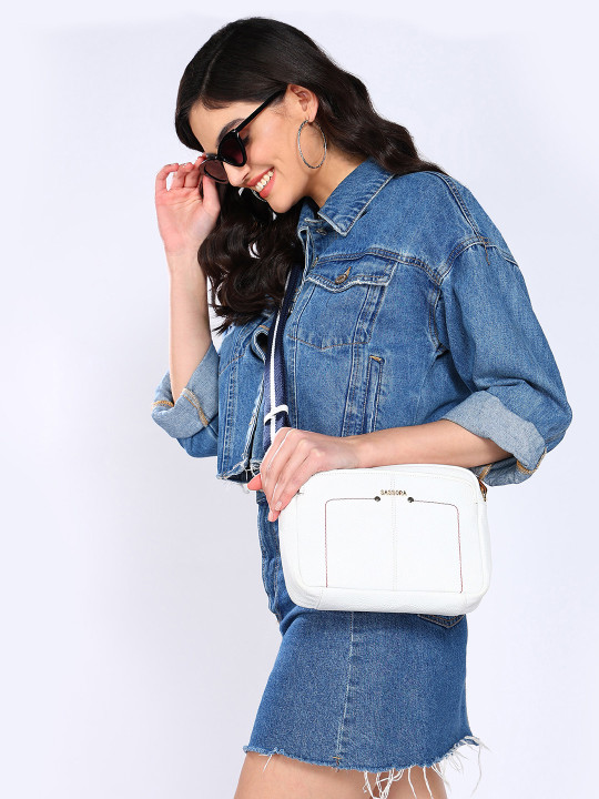 Sassora White Striped Leather Structured Sling Bag