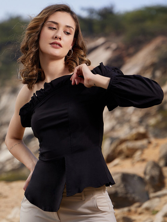 Athena One Shoulder Frill Fitted Top