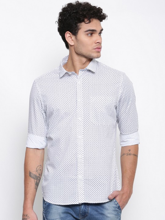 Men White & Black Slim Fit Printed Casual Shirt 40