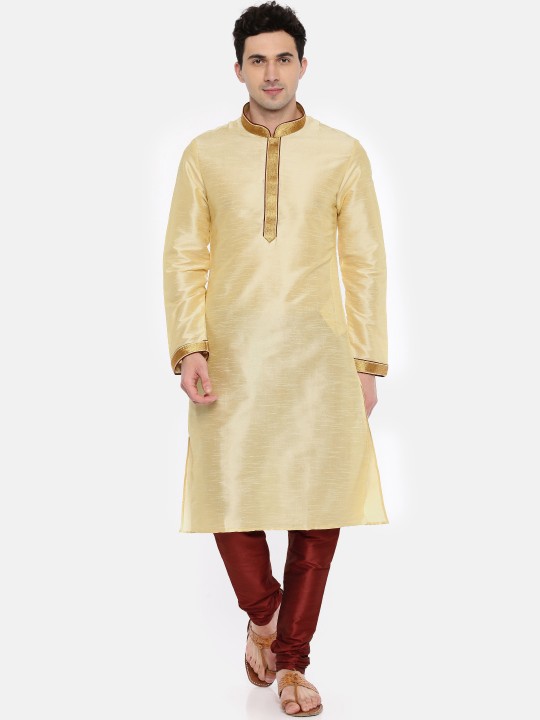 Men Cream-Coloured & Red Solid Kurta with Churidar