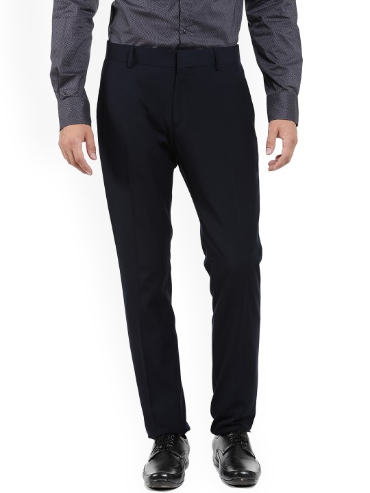 Men Blue Slim Fit Solid Regular Trousers 36