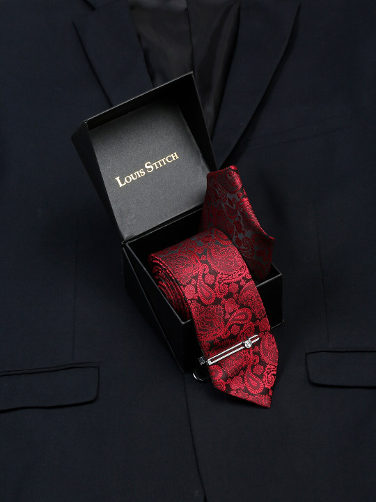 LOUIS STITCH Men Woven Design Italian Silk Necktie Accessory Gift Set