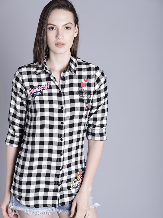 Women White & Navy Blue Regular Fit Checked Casual Shirt XS