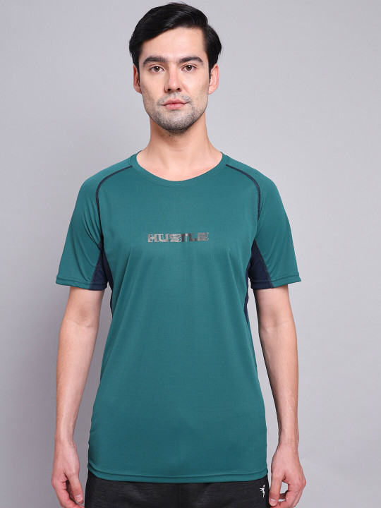 Technosport Men Turquoise Blue Antimicrobial Applique Training or Gym T-shirt