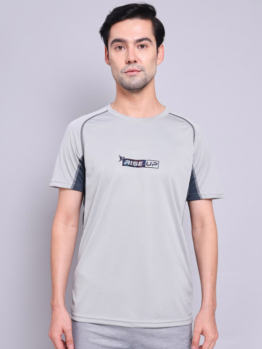 Technosport Men Grey Antimicrobial Applique Training or Gym T-shirt