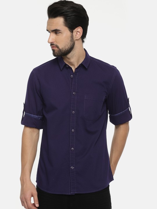 Men Navy Blue Comfort Slim Fit Self Design Casual Shirt