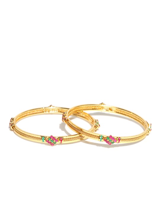 Set of 2 Pink & Green Gold-Plated CZ Stone-Studded Bangles