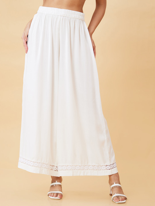 Globus Women Floral Lace Hem Flared Ethnic Palazzos