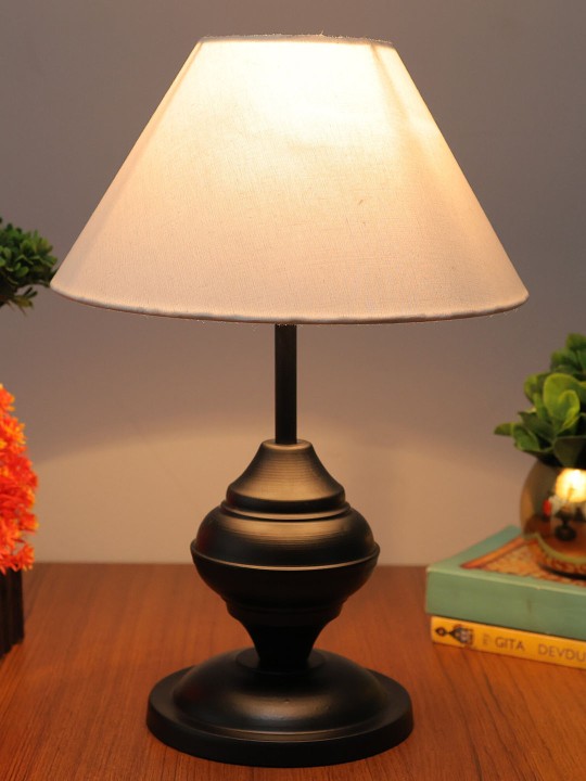 Homesake Beige & Black Textured Jute Shade With Matte Finish Metal Base Table Lamp