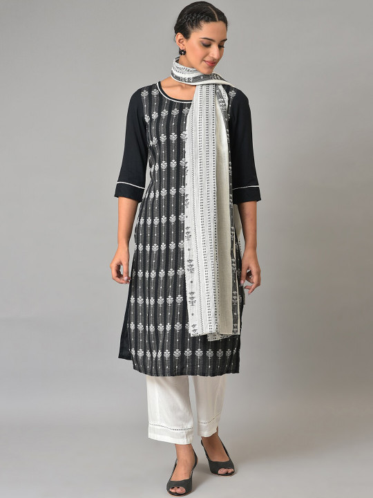 AURELIA Ethnic Motifs Woven Design Pure Cotton Kurta with Palazzos & Dupatta