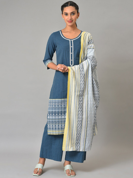 AURELIA Aurelia Women Navy Geometric Print Cotton Kurta Set with Palazzos & Dupatta