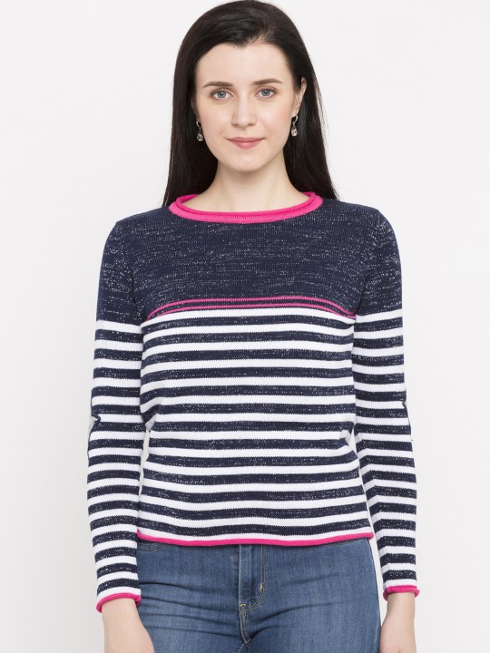 Women Navy & White Striped Sweater S
