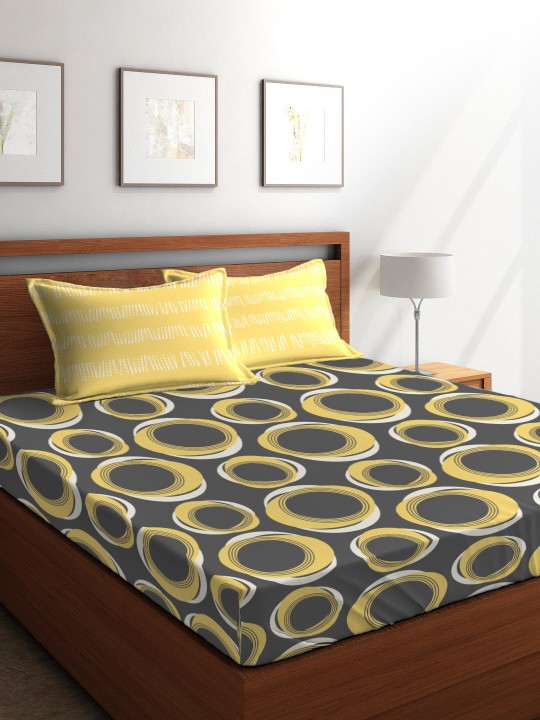 Home Grey & Yellow 120 TC Polycotton Double Bedsheet with 2 Pillow Covers