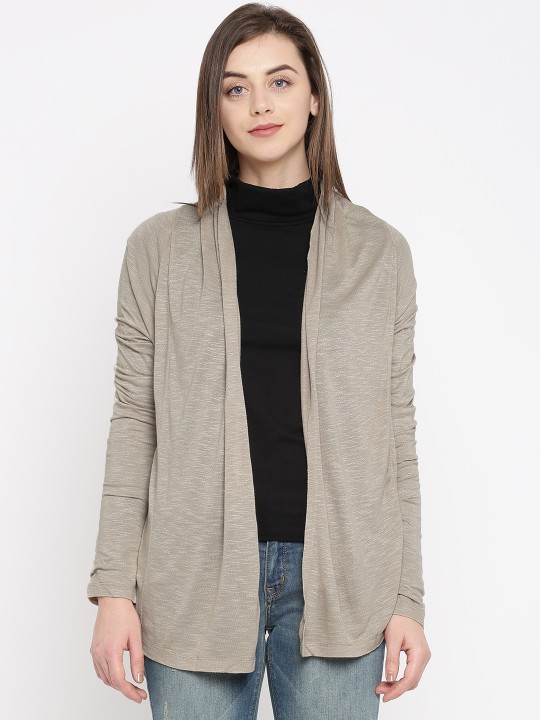 Beige Solid Open Front Shrug S